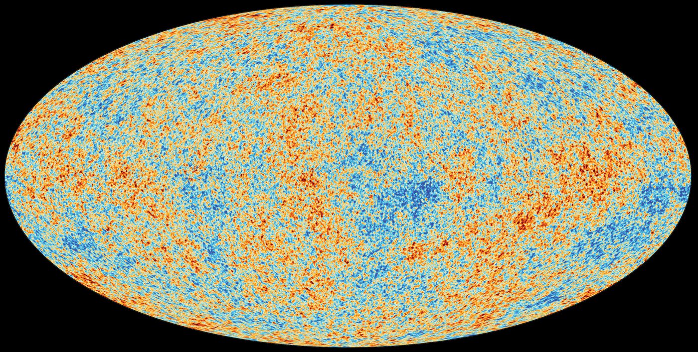 An oval all-sky projection of the cosmic microwave background. Fine mottled
                structure covers the whole sky in blue and red speckles a fraction of a degree
                across, with no preferred direction and no trace of the Milky Way, which has
                been removed.
